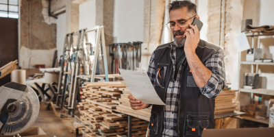 Man in woodshop making a call while reviewing a document